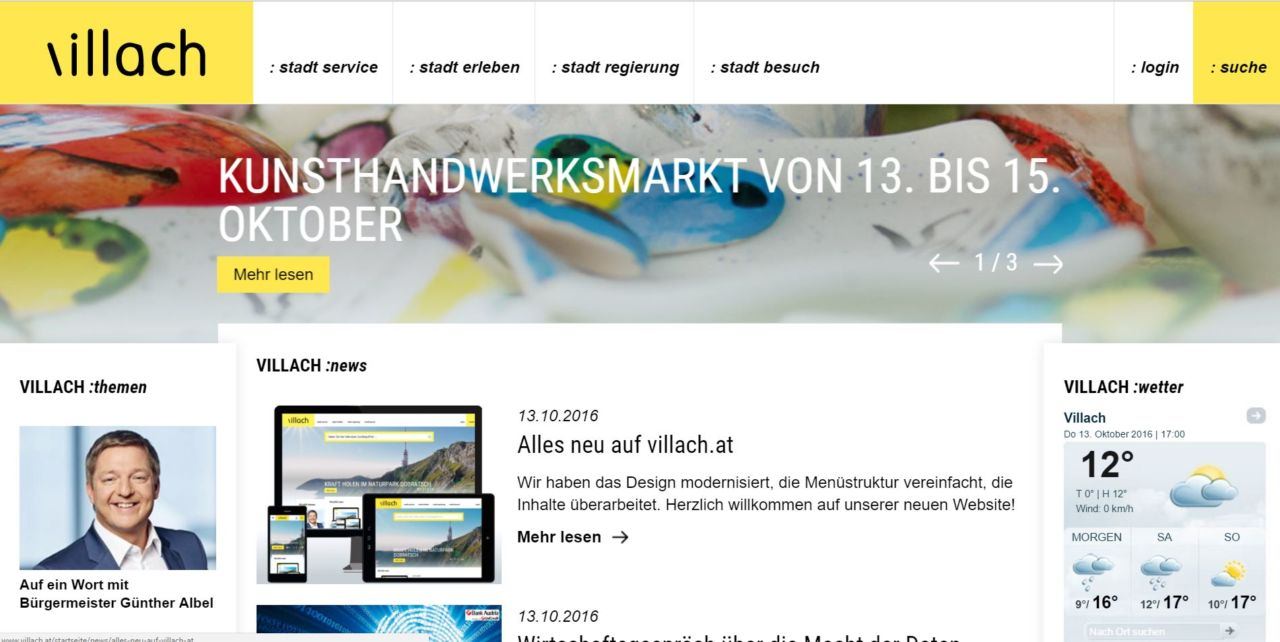 So sieht die Startseite der neuen Website der Stadt Villach aus.