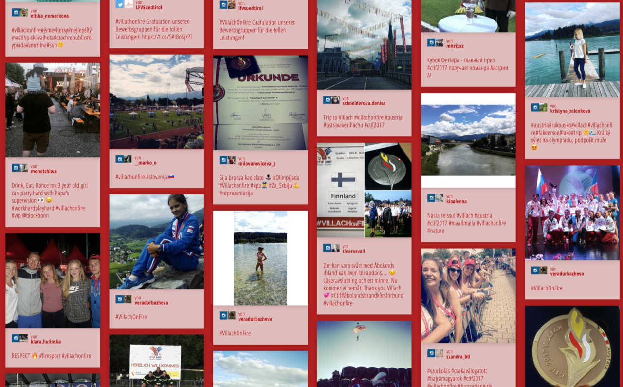 Screenshot Social Wall mit #VillachOnFire-Beiträgen im Netz