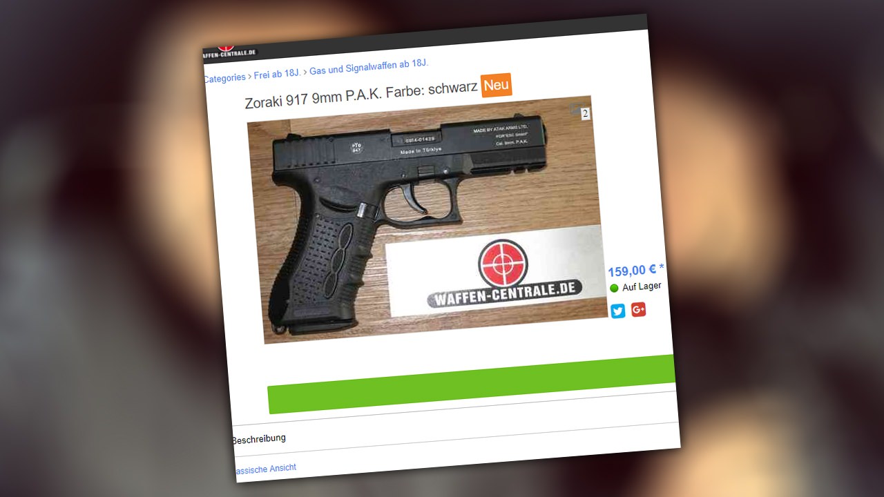 Diese Pistole “Zoraki 917 9mm P.A.K.” ist am Foto zu sehen