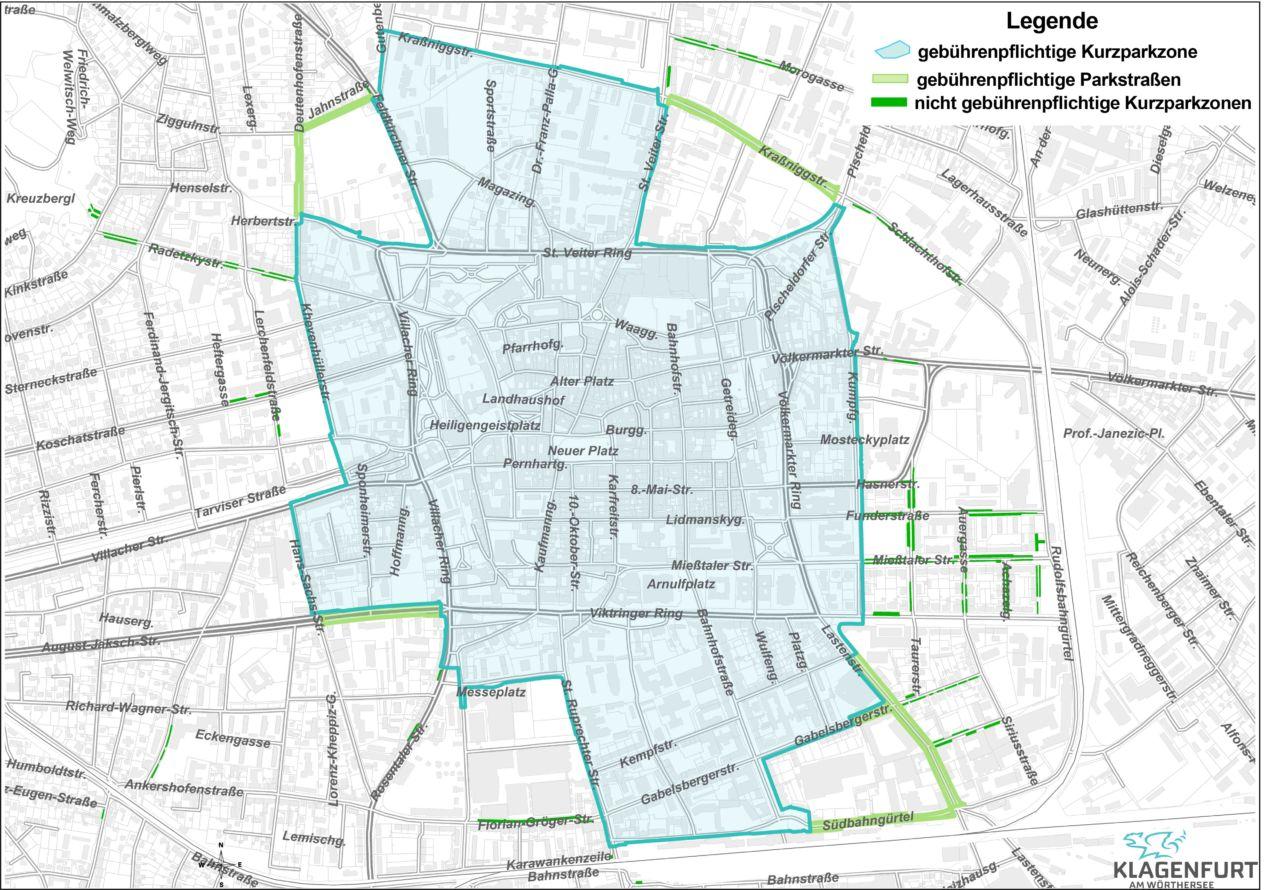 Die grün markierten Parkstraßen sollen in der Gemeinderatssitzung am 3. Oktober beschlossen und verordnet werden. Grafik: Abt. Vermessung & Geoinformation