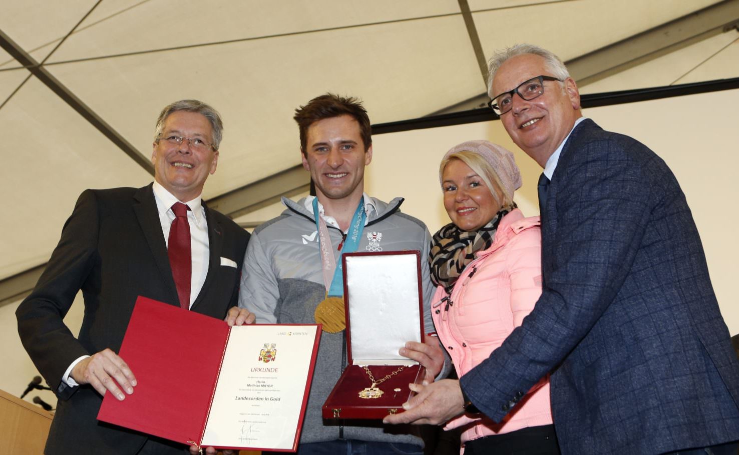 Empfang und Ehrung für Olympia Goldmedaillen-Gewinner Matthias Mayer mit LH Peter Kaiser, Sandra Wassermann und
 Reinhart Rohr.
