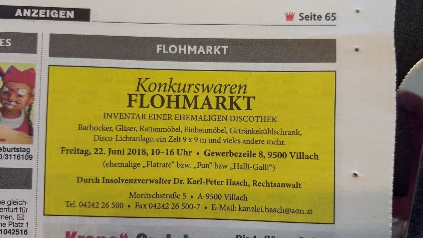 Anzeige über den Flohmarkt – gefunden heute in der Kronen Zeitung