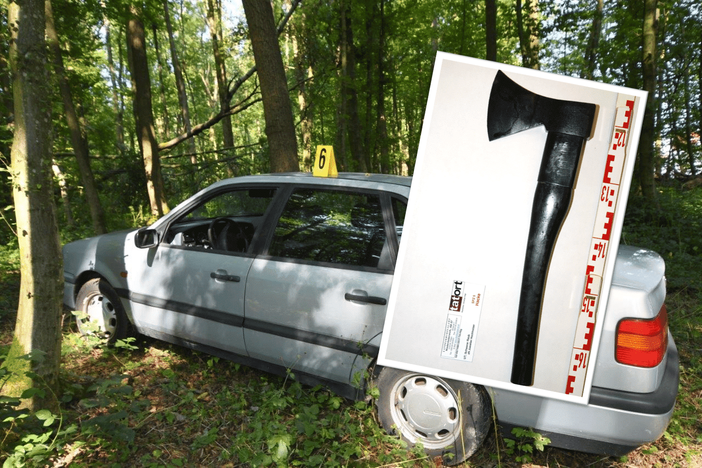 Tatfahrzeug und Tatwaffe beim Pink Panther-Überfall im Amstetten im Juli 2017.