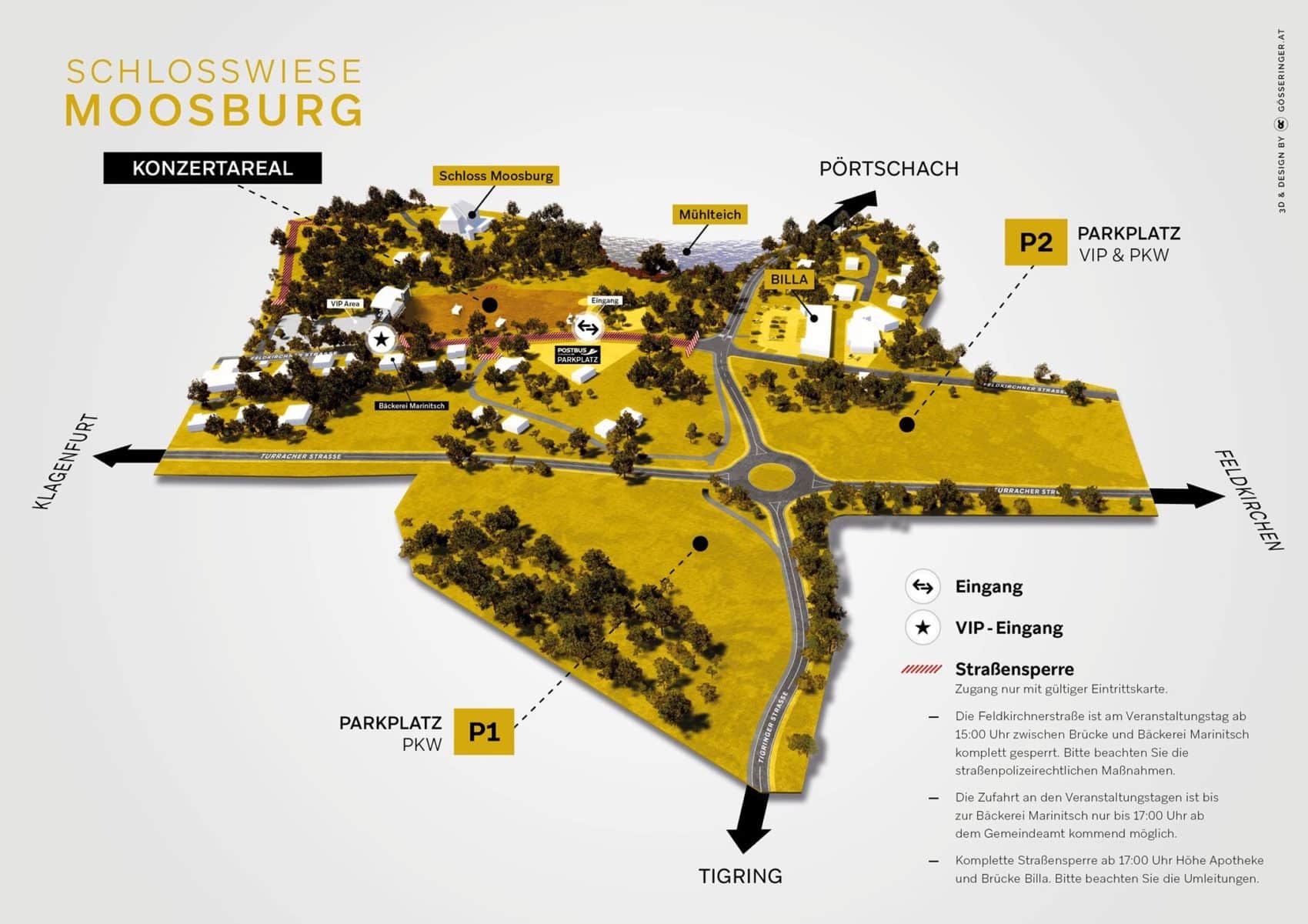 Die Schlosswiese in Moosburg liegt unter dem Schloss Moosburg und bietet durch die umliegenden Parkplätze und die anfahrenden Busse ideale Anreiseverhältnisse.