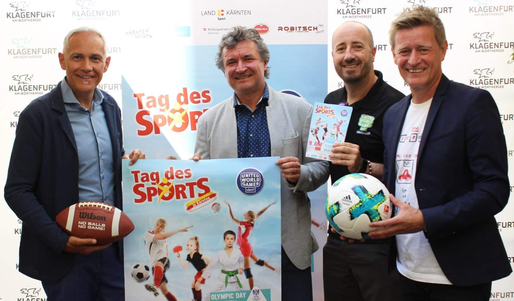 Sportreferent Vizebürgermeister Jürgen Pfeiler, Mag. Johann Wolf (Bildungsdirektion), Franziskus Bertl (UWG) und Landessportdirektor Mag. Arno Arthofer stellten gemeinsam den Tag des Sports am 19. Juni vor.