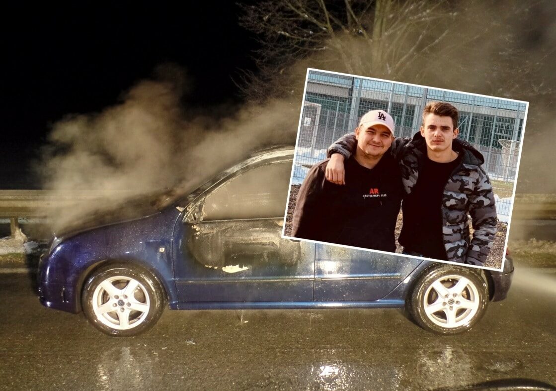 Der 19-jährige Pascal und sein 17-jähriger Freund Florian (v.l.) konnten rechtzeitig aus dem brennenden Fahrzeug flüchten.