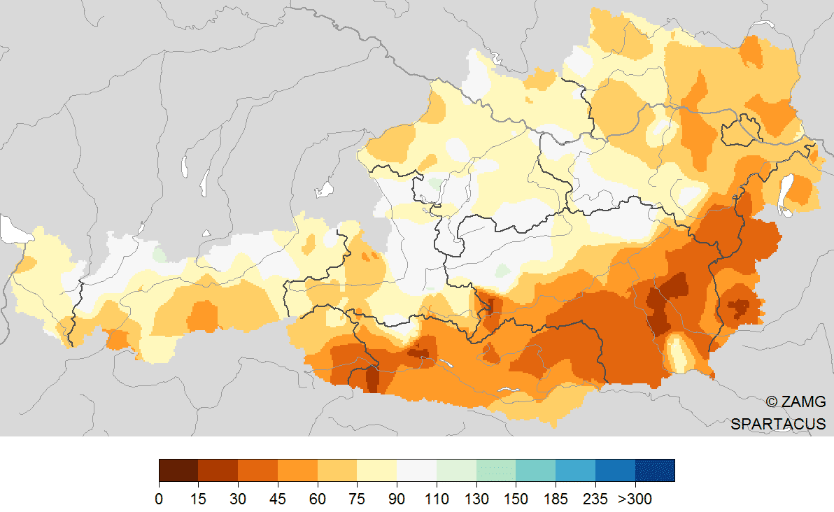 Niederschlag 1. Jänner bis 8. April 2020: Vergleich des Niederschlags mit dem vieljährigen Mittel 1981-2010.