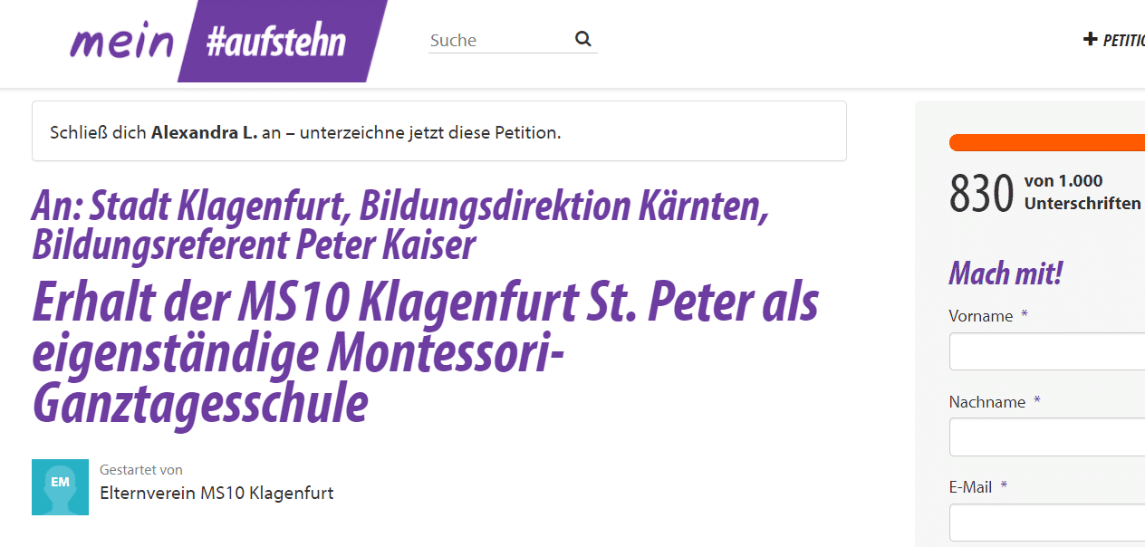 Der Elternverein hat eine Petition für den Erhalt der MS10 Klagenfurt St. Peter als eigenständige Montessori-Ganztagesschule gestartet.